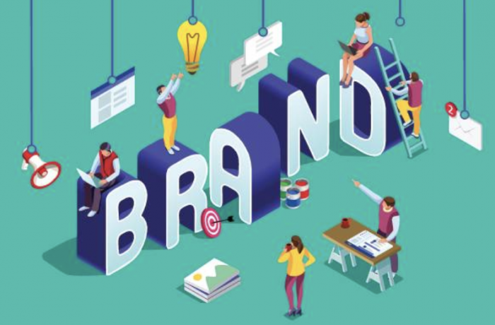 how to boost brand consistency featured image drawing of people developing a brand with the word "brand" in all caps in the center
